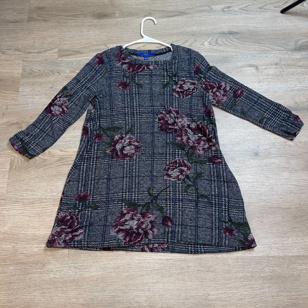 Apt 9 Womens Small Plaid Floral Knit Sweater Dress Burgundy Roses Long Sleeve